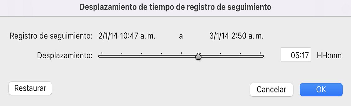 Cuadro de diálogo Desplazamiento de tiempo de registro de seguimiento
