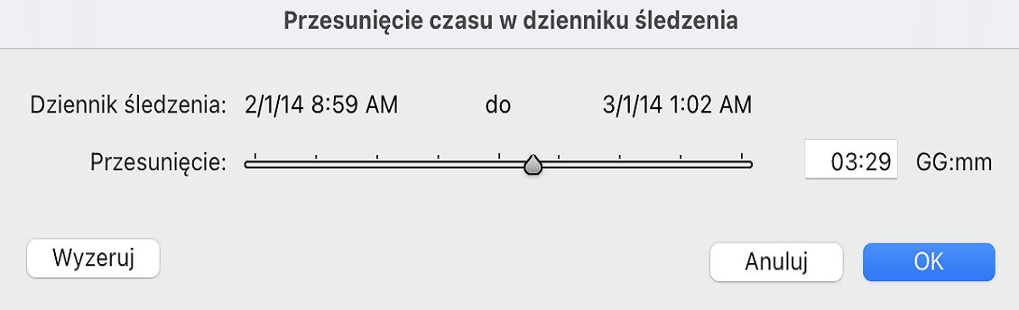 Okno dialogowe przesunięcia czasu w dzienniku śledzenia