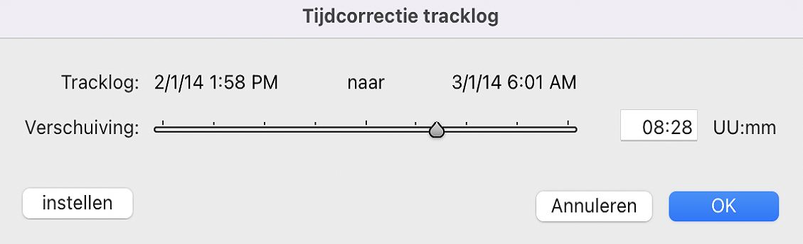 Het dialoogvenster Tijdcorrectie tracklog