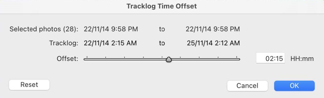 Tracklog Time Offset Dialog