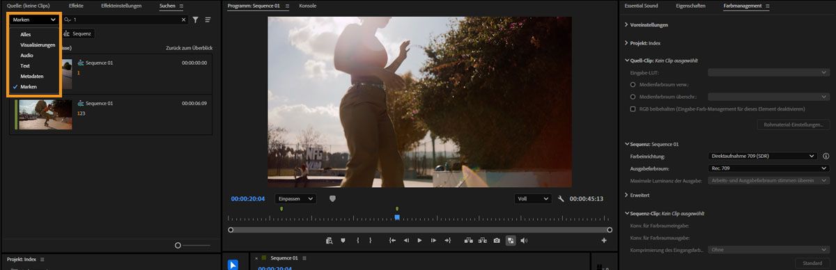 Bedienfeld „Suche" mit Marken-Filter, aufgelisteten Marken-Ergebnissen und Miniaturen in Premiere.