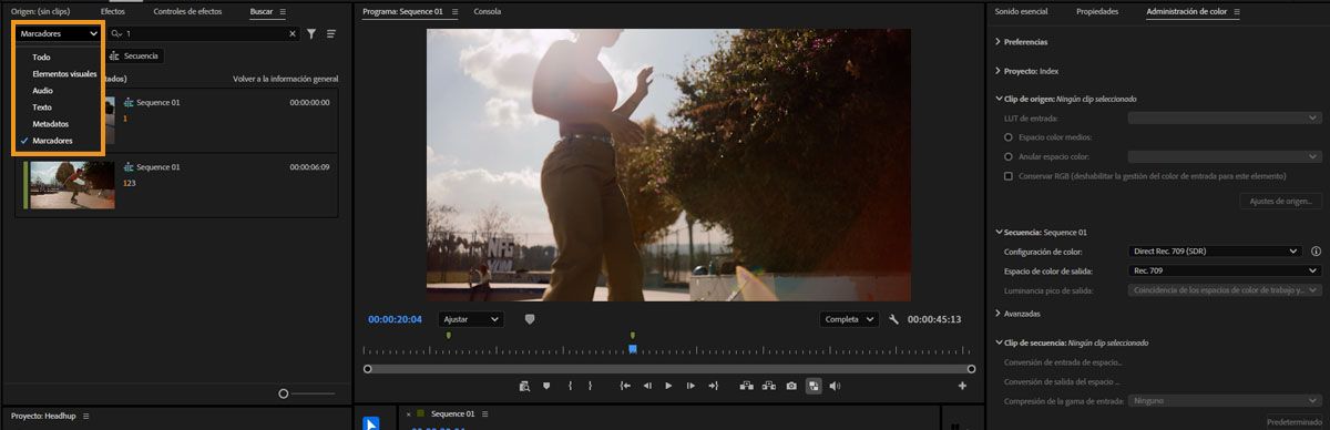 panel Search que muestra el filtro Marcadores con resultados de marcadores enumerados y miniaturas en premiere.