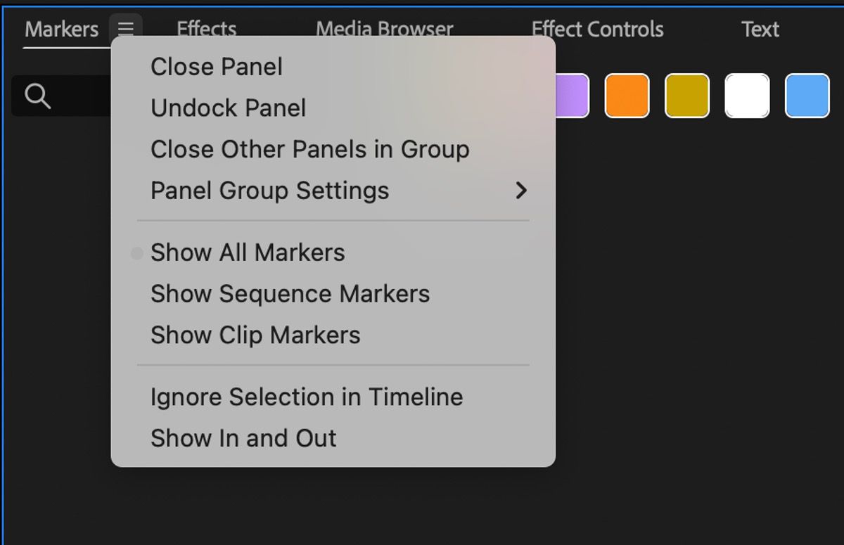 UI shows the Markers panel menu with new Show All Markers, Show Sequence Markers, Show Clip Markers and Ignore Selection in Timeline options added to the menu.