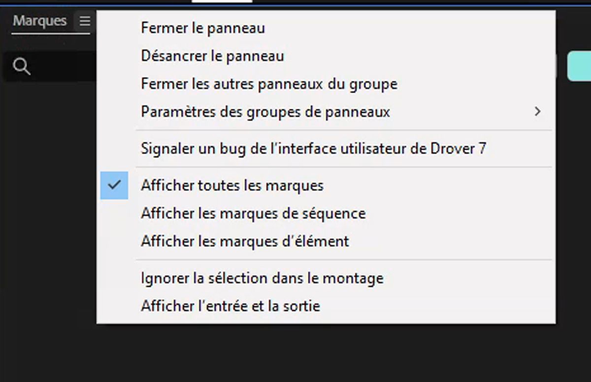 L’interface utilisateur affiche le menu du panneau Marques avec les nouvelles options Afficher toutes les marques, Afficher les marques de séquence, Afficher les marques de clip et Ignorer la sélection dans le montage ajoutées au menu.