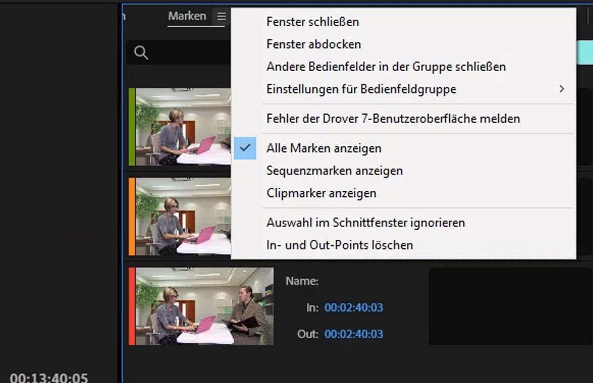Die Benutzeroberfläche zeigt das Menü im Bedienfeld „ Marken“ mit den neuen Optionen „Alle Marken einblenden“, „Sequenzmarken einblenden“, „Clip-Marker einblenden“ und „Auswahl im Zeitleiste ignorieren“ an.