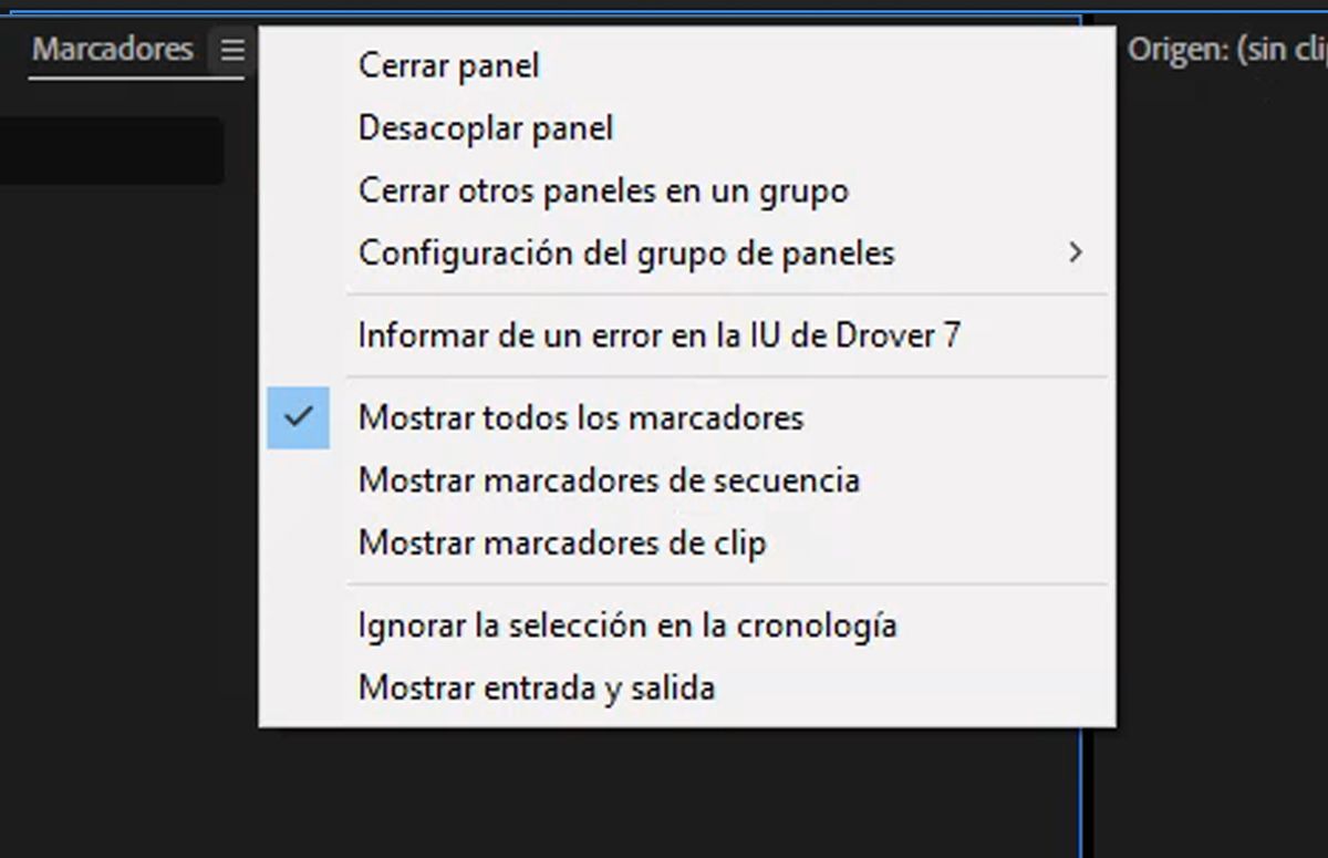 La interfaz de usuario muestra el menú del panel Marcadores con las nuevas opciones Mostrar marcadores, Mostrar marcadores de secuencia, Mostrar marcadores de clip e Ignorar selección en las Opciones de línea de tiempo añadidas al menú.