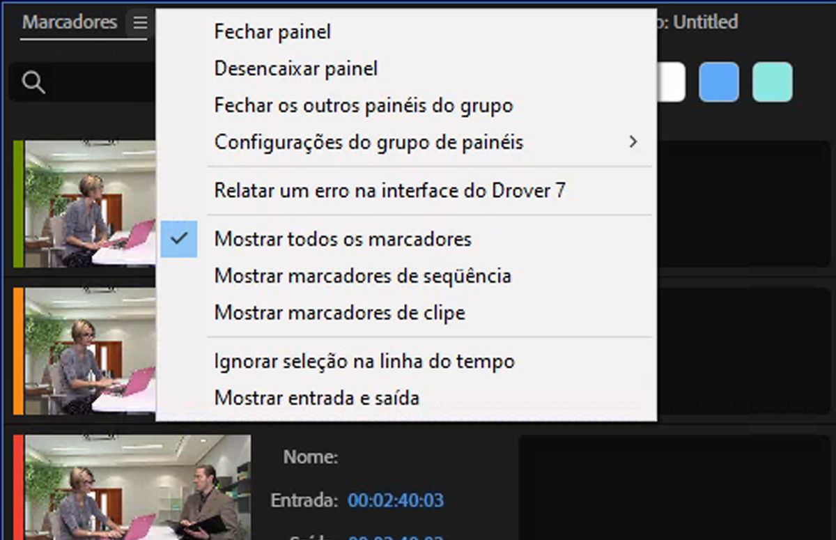 A interface mostra o menu do painel Marcadores com as novas opções Mostrar todos os marcadores, Mostrar marcadores de sequência, Mostrar marcadores de clipe e Ignorar seleção na linha do tempo adicionadas ao menu.