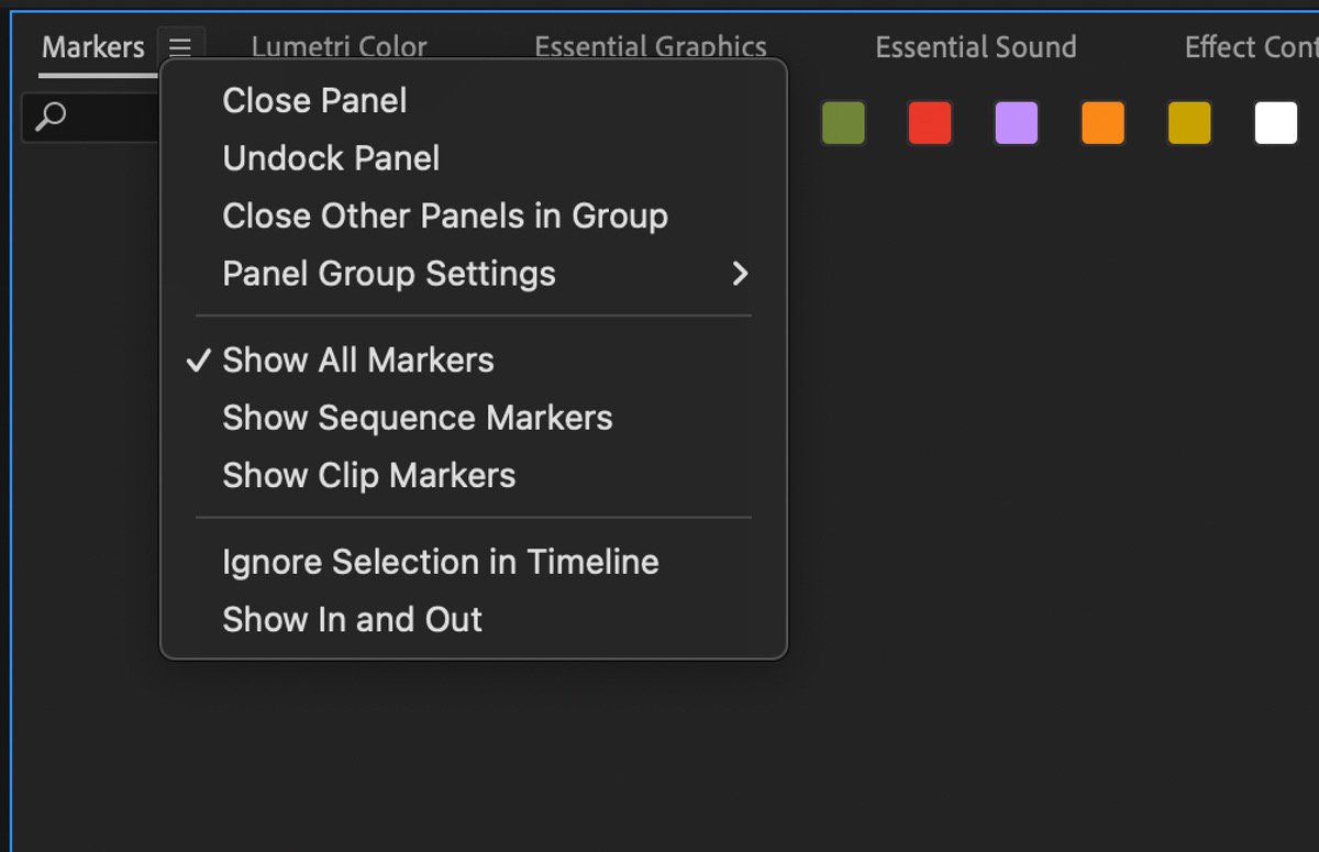 UI shows the Markers panel menu with new Show All Markers, Show Sequence Markers, Show Clip Markers and Ignore Selection in Timeline options added to the menu.