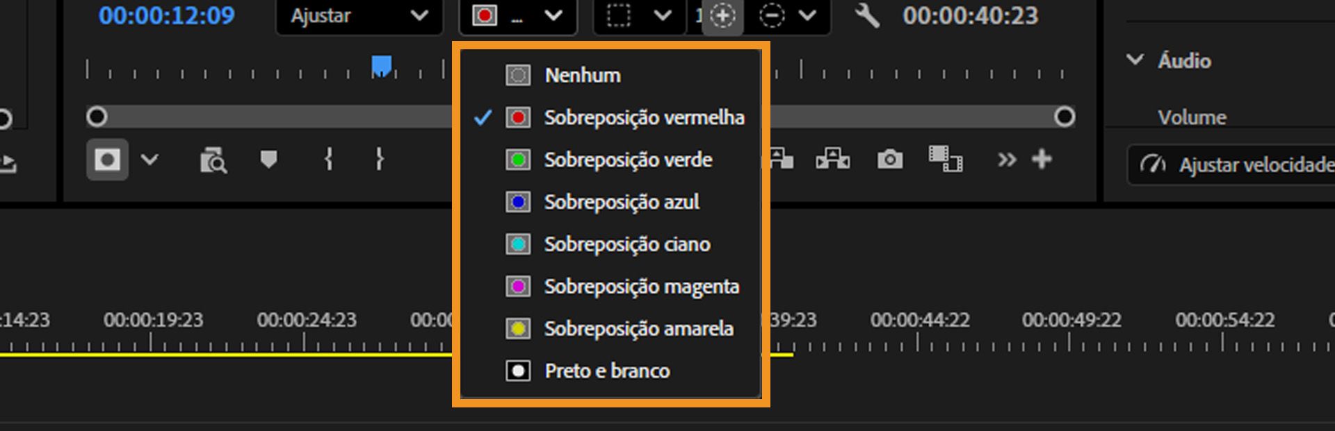 Menu suspenso mostrando opções de sobreposição de máscara, incluindo Nenhuma, Vermelho, Verde, Azul, Ciano, Magenta, Amarelo e Preto e Branco.