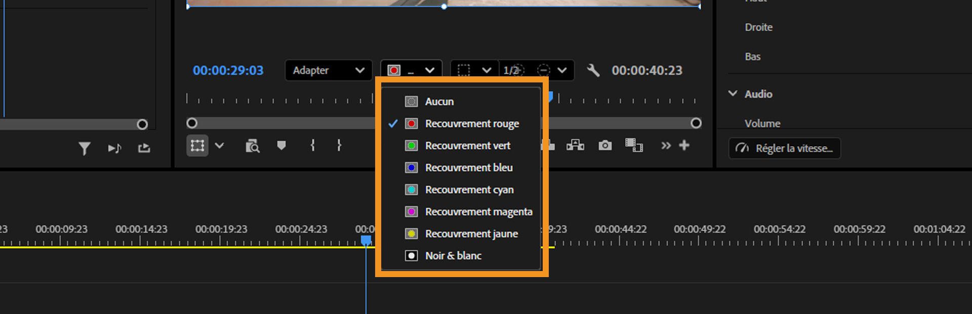 Menu déroulant affichant les options de recouvrement du masque, notamment Aucun, Rouge, Vert, Bleu, Cyan, Magenta, Jaune et Noir & Blanc.