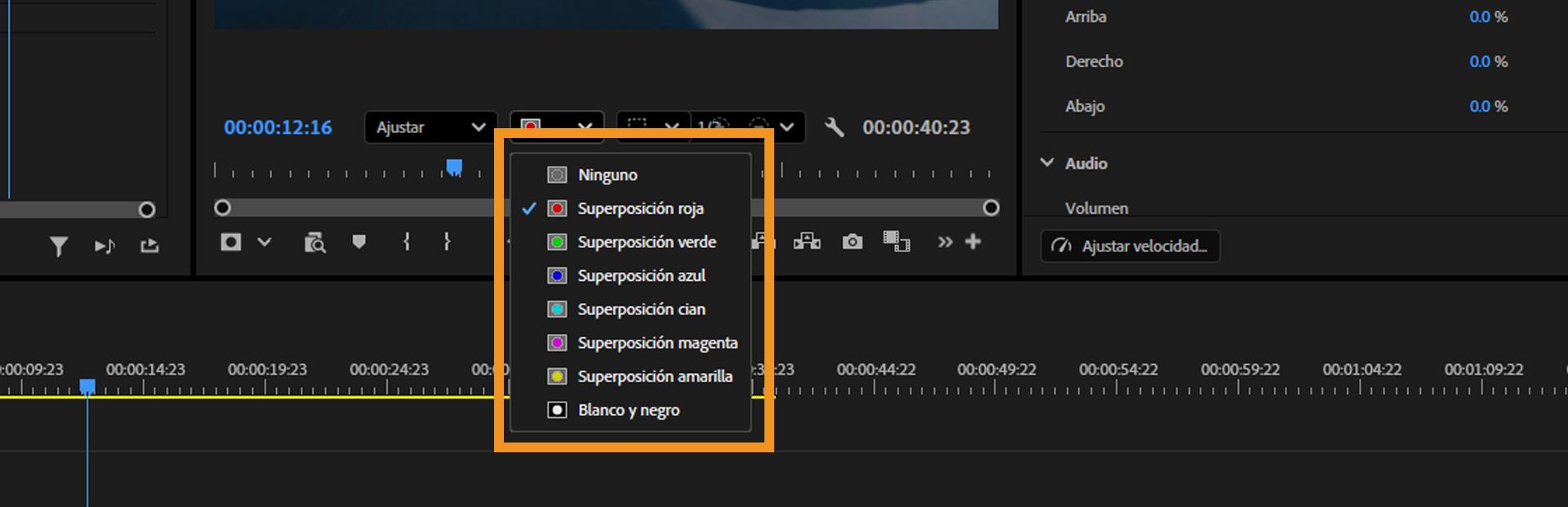 Menú desplegable que muestra las options de superposición de máscara, incluyendo Ninguna, Rojo, Verde, Azul, Cian, Magenta, Amarillo y Blanco y Negro. 
