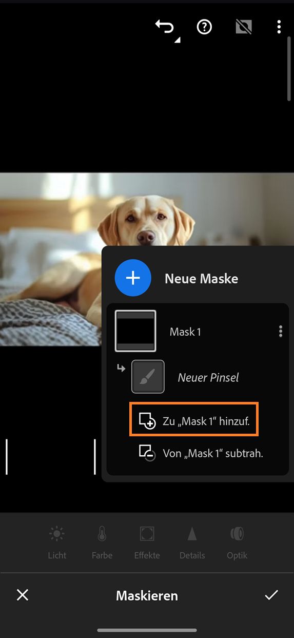 Bedienfeld zum Maskieren in Lightroom auf dem Smartphone und Tablet. Die Option „Der Maske 1 hinzufügen“ ist hervorgehoben, während die Option „Hinzufügen“ im Bedienfeld „Neue Maske erstellen“ ausgewählt ist.
