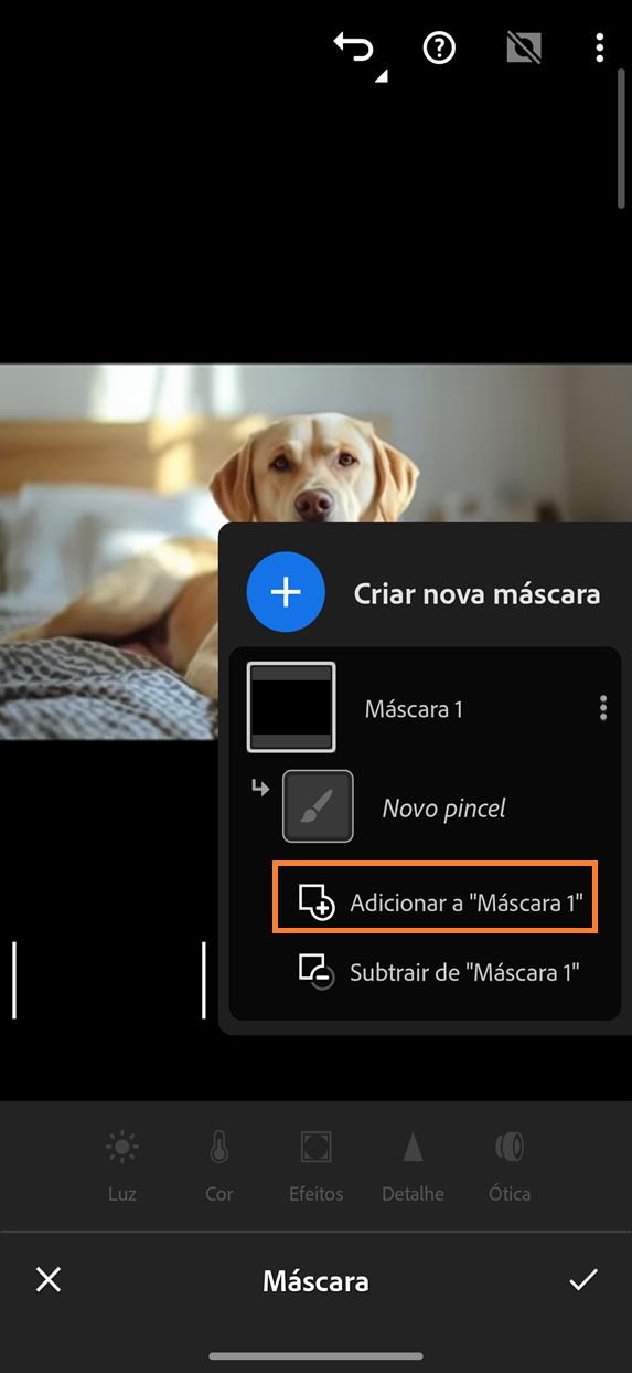 Painel Mascaramento no Lightroom para dispositivos móveis mostrando a opção Adicionar a "Máscara 1" destacada, com a opção Adicionar selecionada no painel Criar nova máscara.