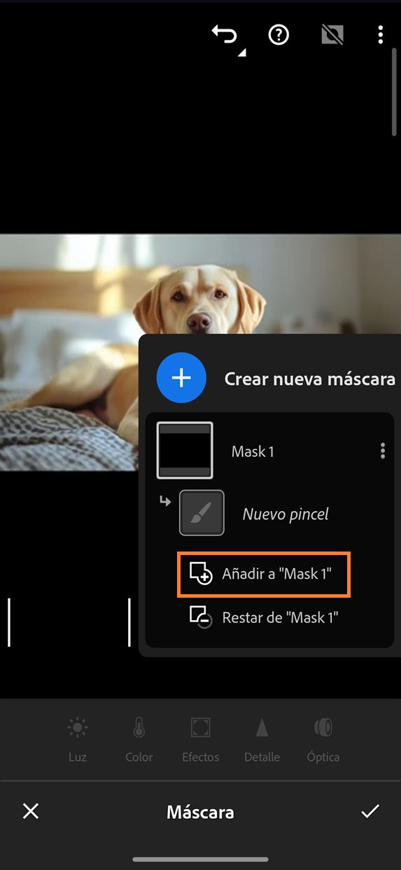 Panel Máscara en Lightroom para dispositivos móviles que muestra la opción Añadir a "Máscara 1" resaltada, con la opción Añadir seleccionada en el panel Crear nueva máscara.