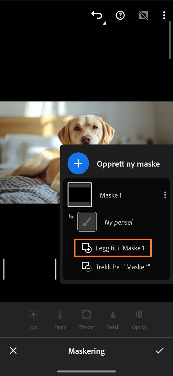 Maskeringspanel i Lightroom på mobil som viser alternativet Legg til i «Maske 1» uthevet, med alternativet Legg til valgt fra panelet Opprett ny maske.