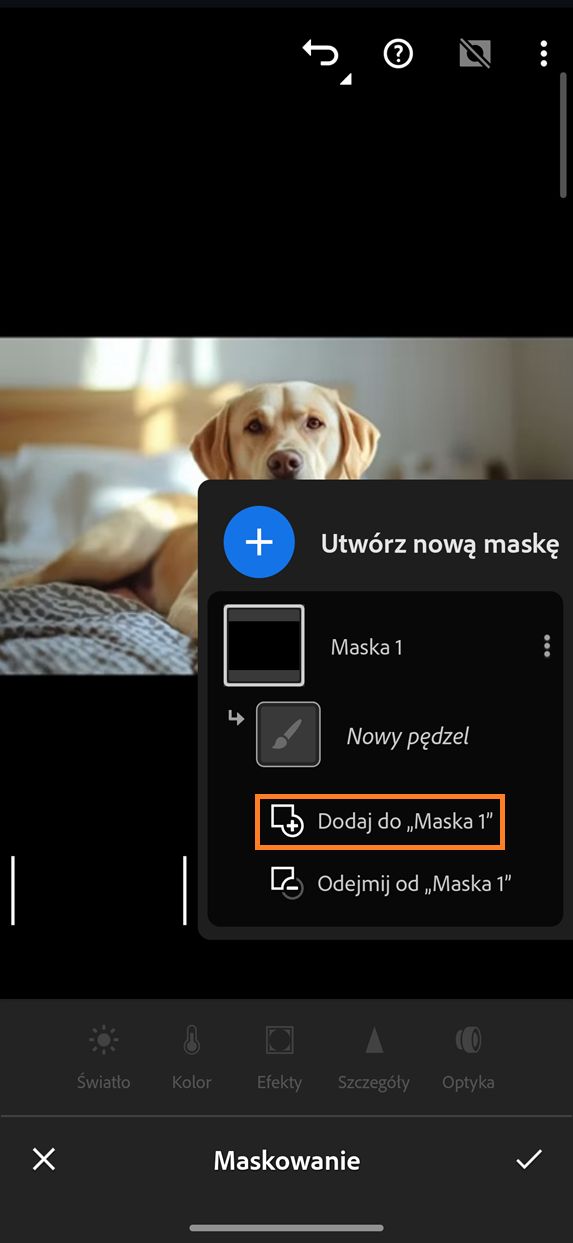 Panel Maskowanie w aplikacji Lightroom na urządzenia mobilne z podświetloną opcją Dodaj do „Maska 1”, z opcją Dodaj wybraną z panelu Utwórz nową maskę.