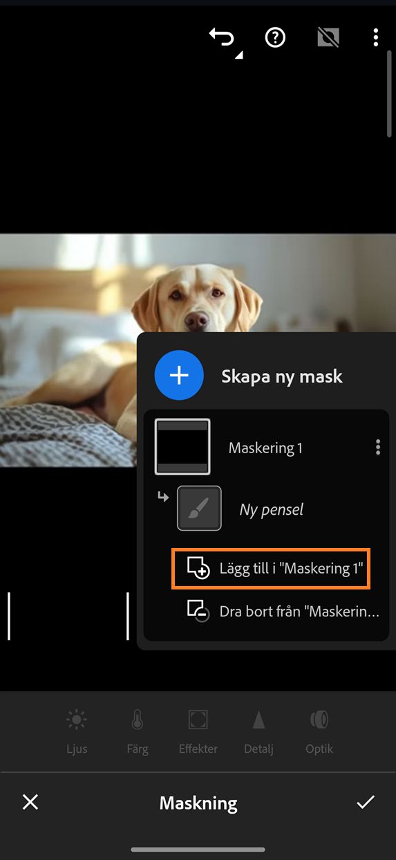 Panelen Maskering i Lightroom för mobila enheter visar alternativet Lägg till i Mask 1 markerat, med alternativet Lägg till markerat på panelen Skapa ny mask.
