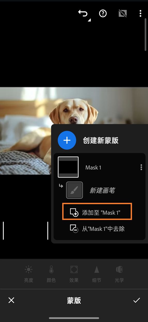 Lightroom 移动版中的“蒙版”面板，其中高亮显示了“添加到‘蒙版 1’”选项，并且从“创建新蒙版”面板中选择了“添加”选项。