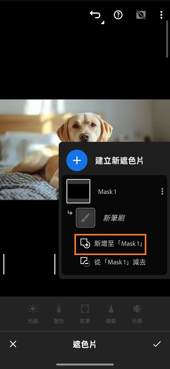 Lightroom 手機版的「遮色片」面板，顯示「新增至『遮色片 1』」選項已醒目顯示，且已從「建立新遮色片」面板中選取「新增」選項。