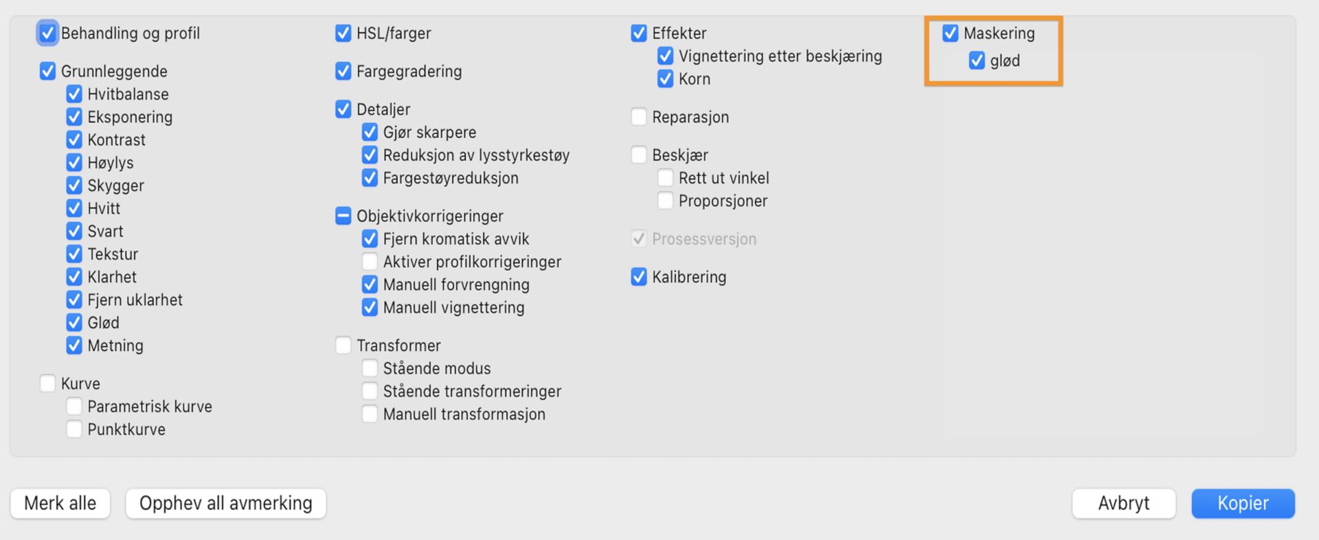 Innstillinger for kopiering av maskering