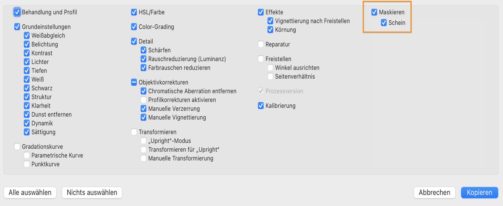 Kopiereinstellungen für die Maskierung