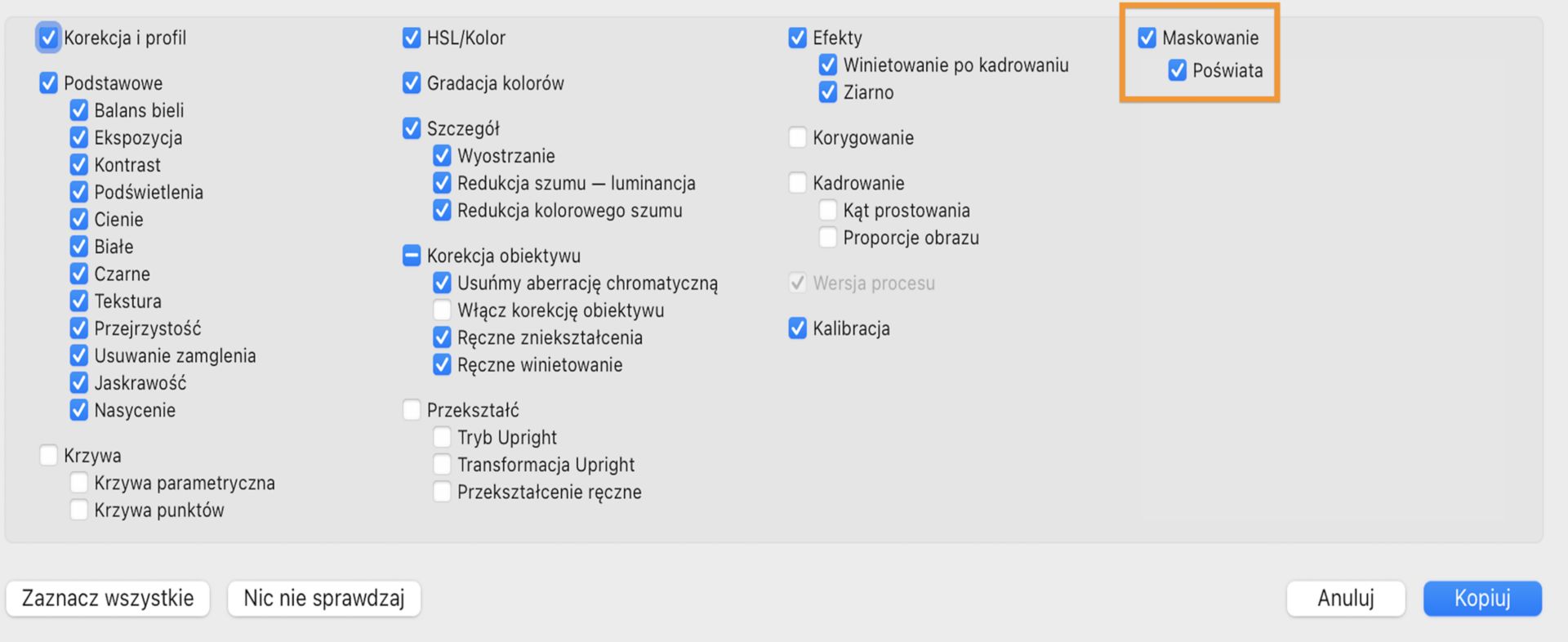 Ustawienia kopiowania maskowania