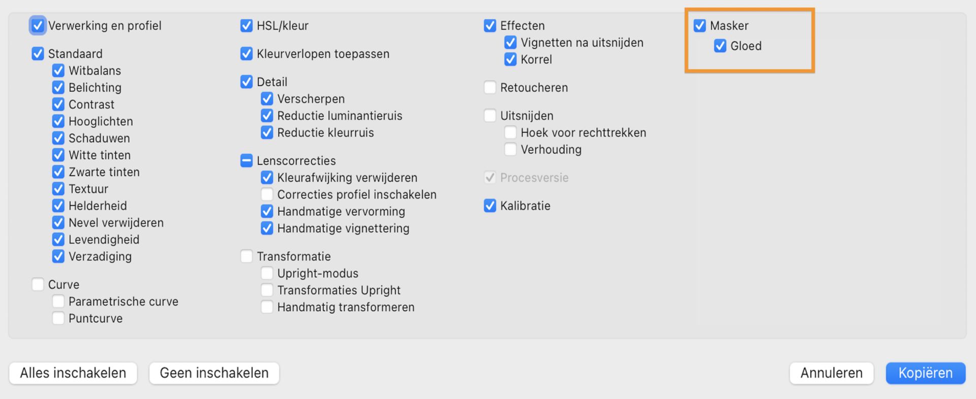Instellingen voor Maskerkopie