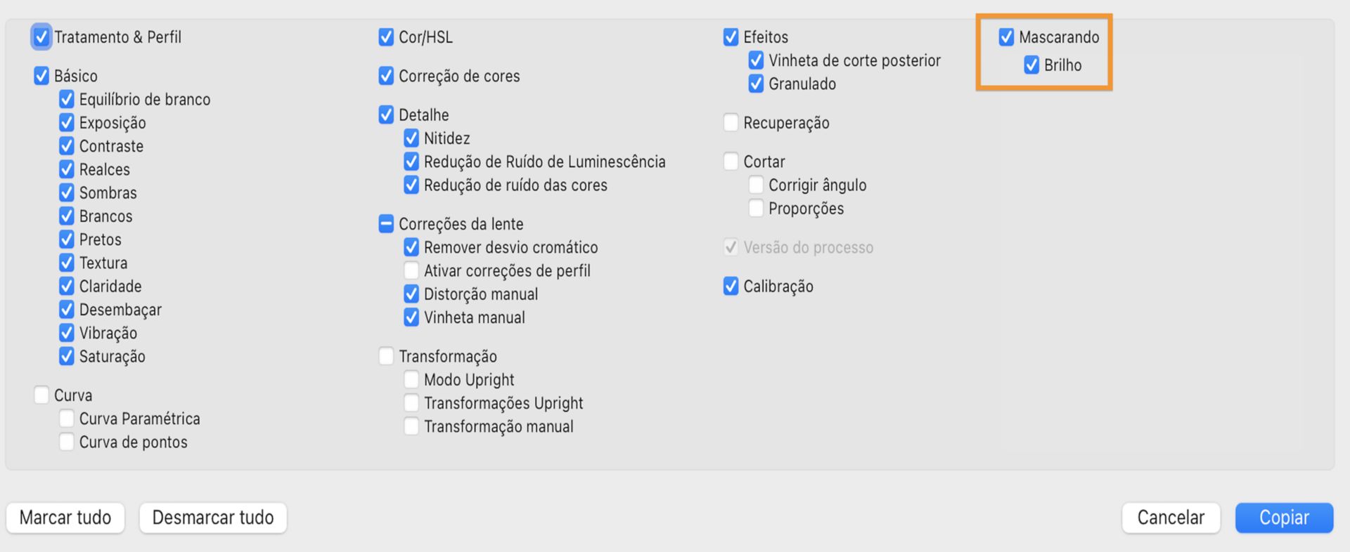 Configurações de Copiar mascaramento