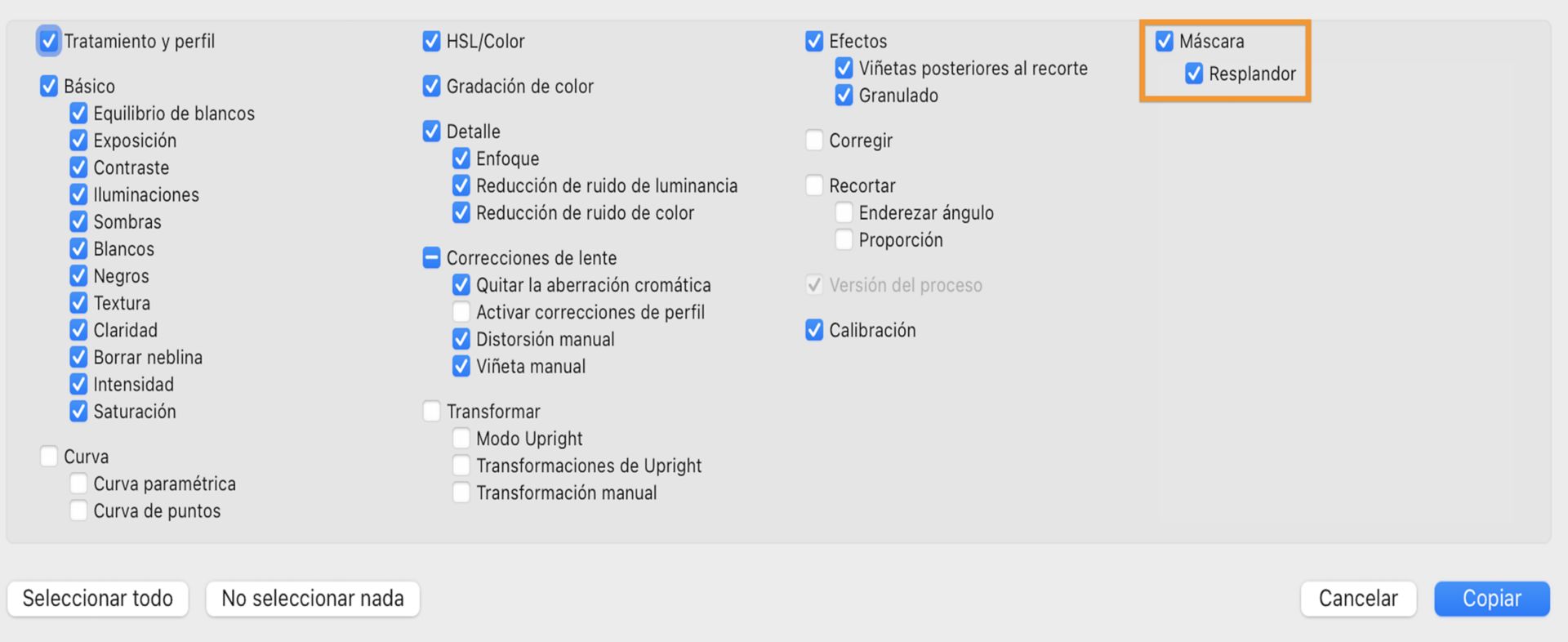 Configuración de copia de máscara