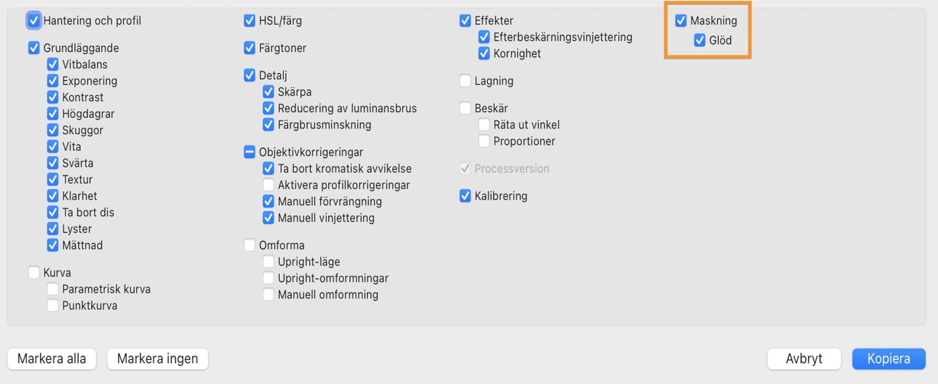 Inställningar för kopiering av maskering