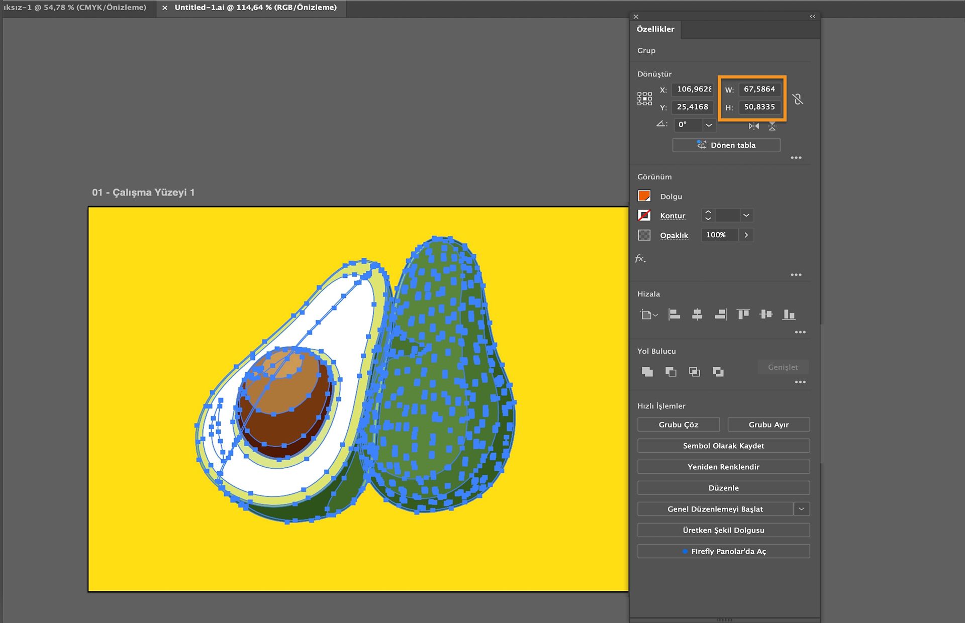Seçili avokado illüstrasyonu ile görünür bağlantı noktalarını gösteren Adobe Illustrator