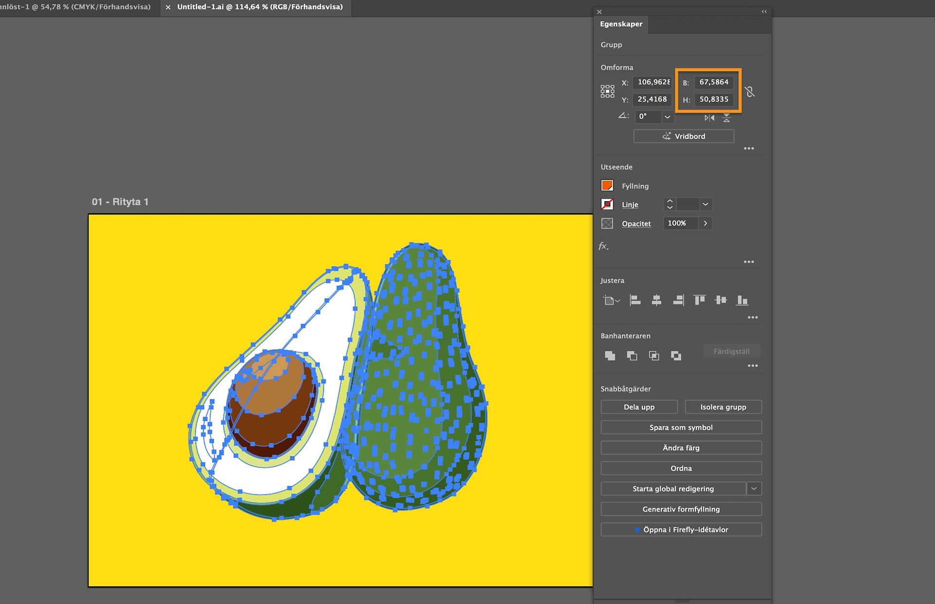 Adobe Illustrator-arbetsyta som visar en vald avokadoillustration 