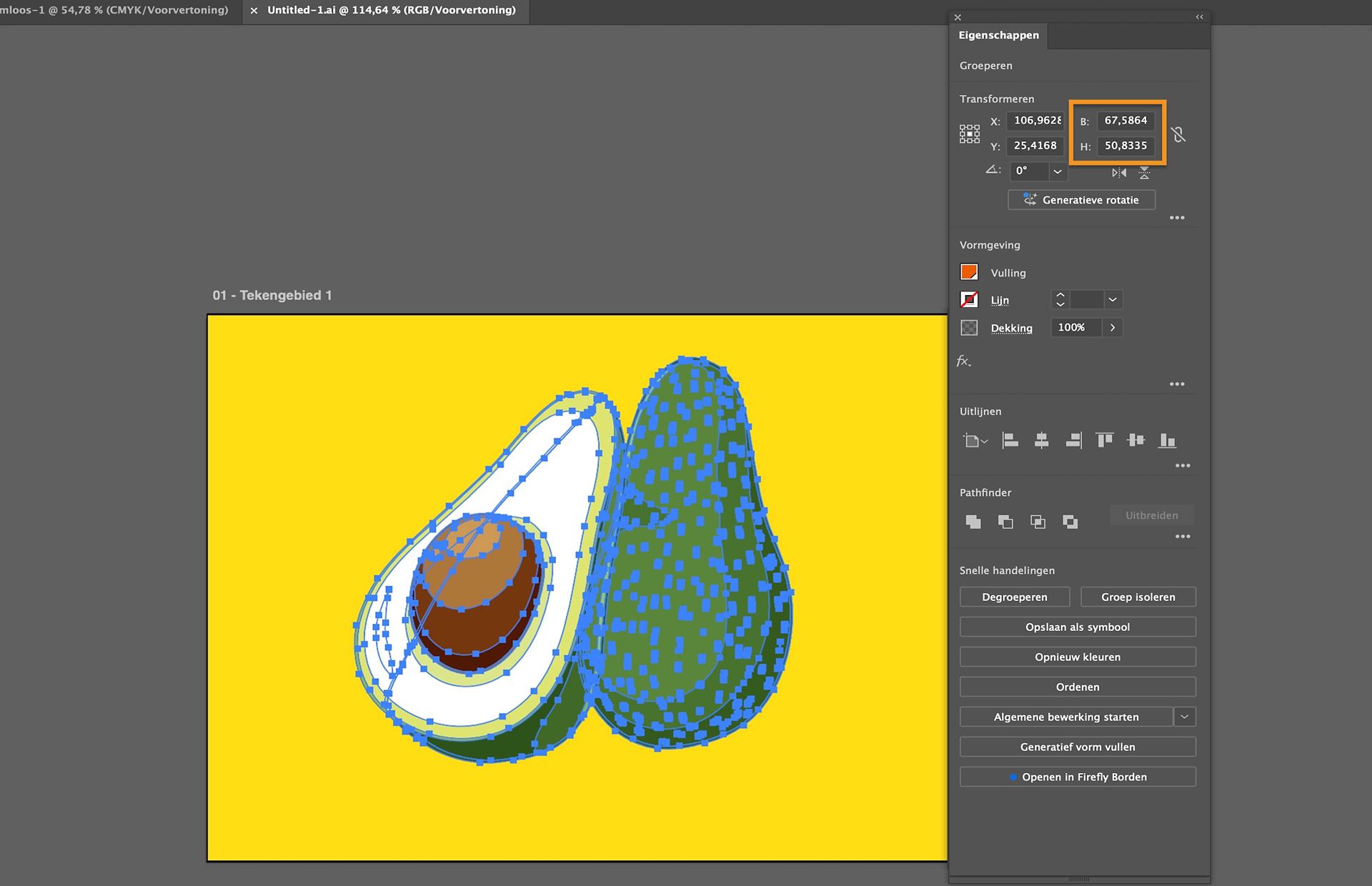 Adobe Illustrator-werkruimte met een geselecteerde avocado