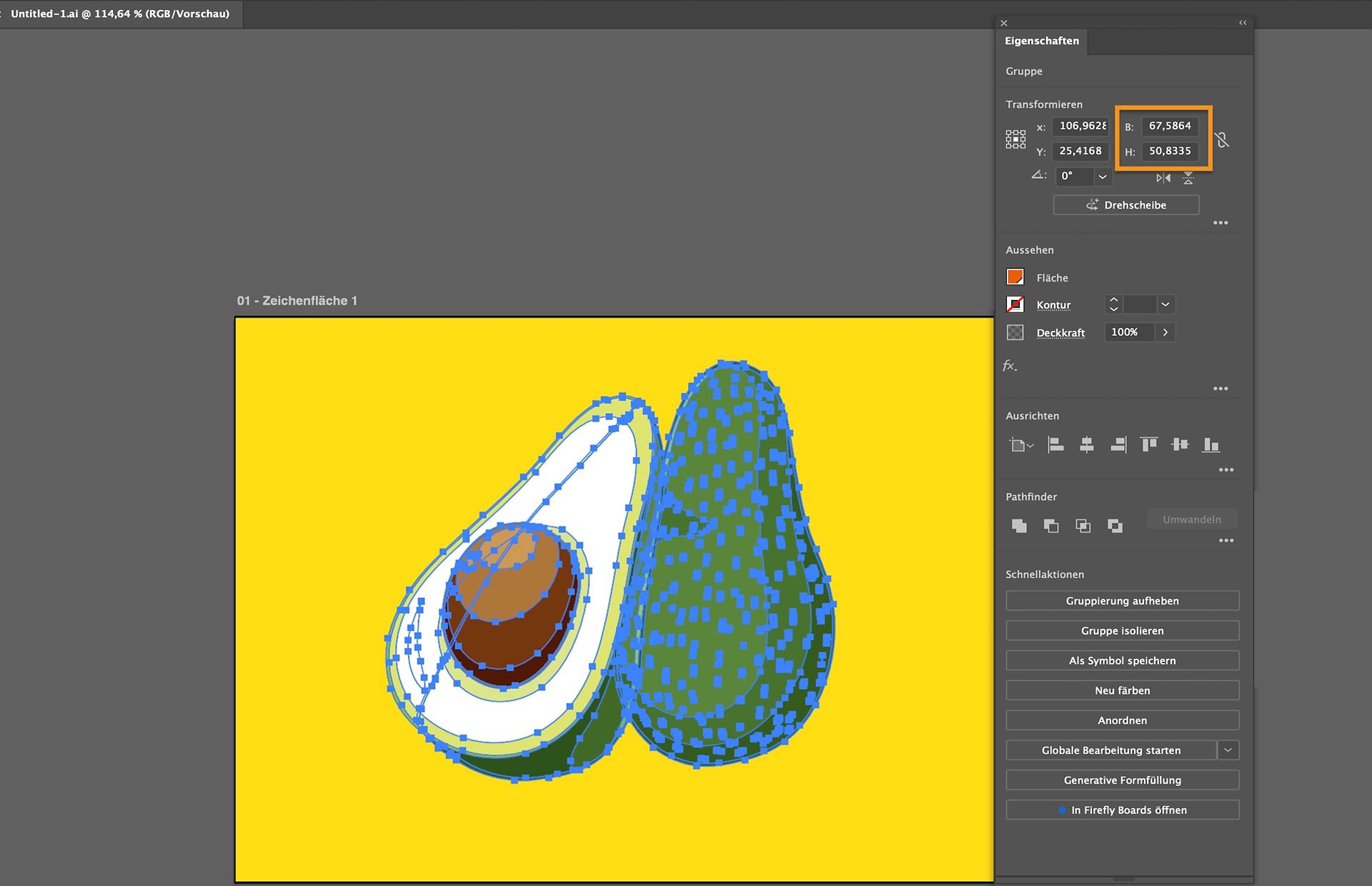 Eigenschaftenbedienfeld in Illustrator, das die Werte für Breite und Höhe einer ausgewählten Illustration anzeigt.