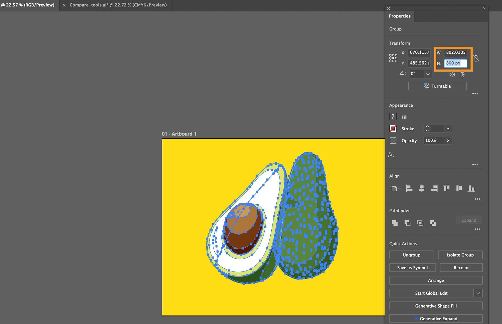 לוח Properties של Illustrator מציג את ערכי הרוחב והגובה עבור איור נבחר.