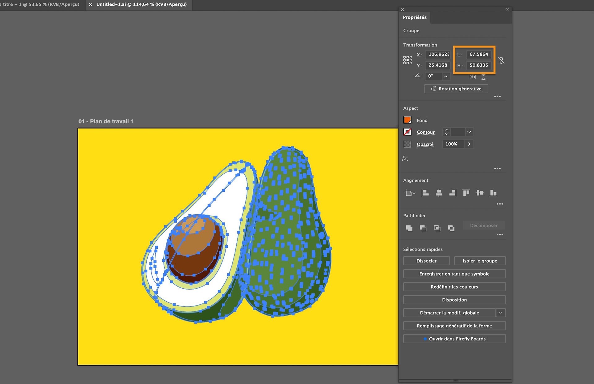 Illustration d’avocat sélectionnée dans Illustrator avec points visibles et panneau Propriétés montrant largeur et hauteur.