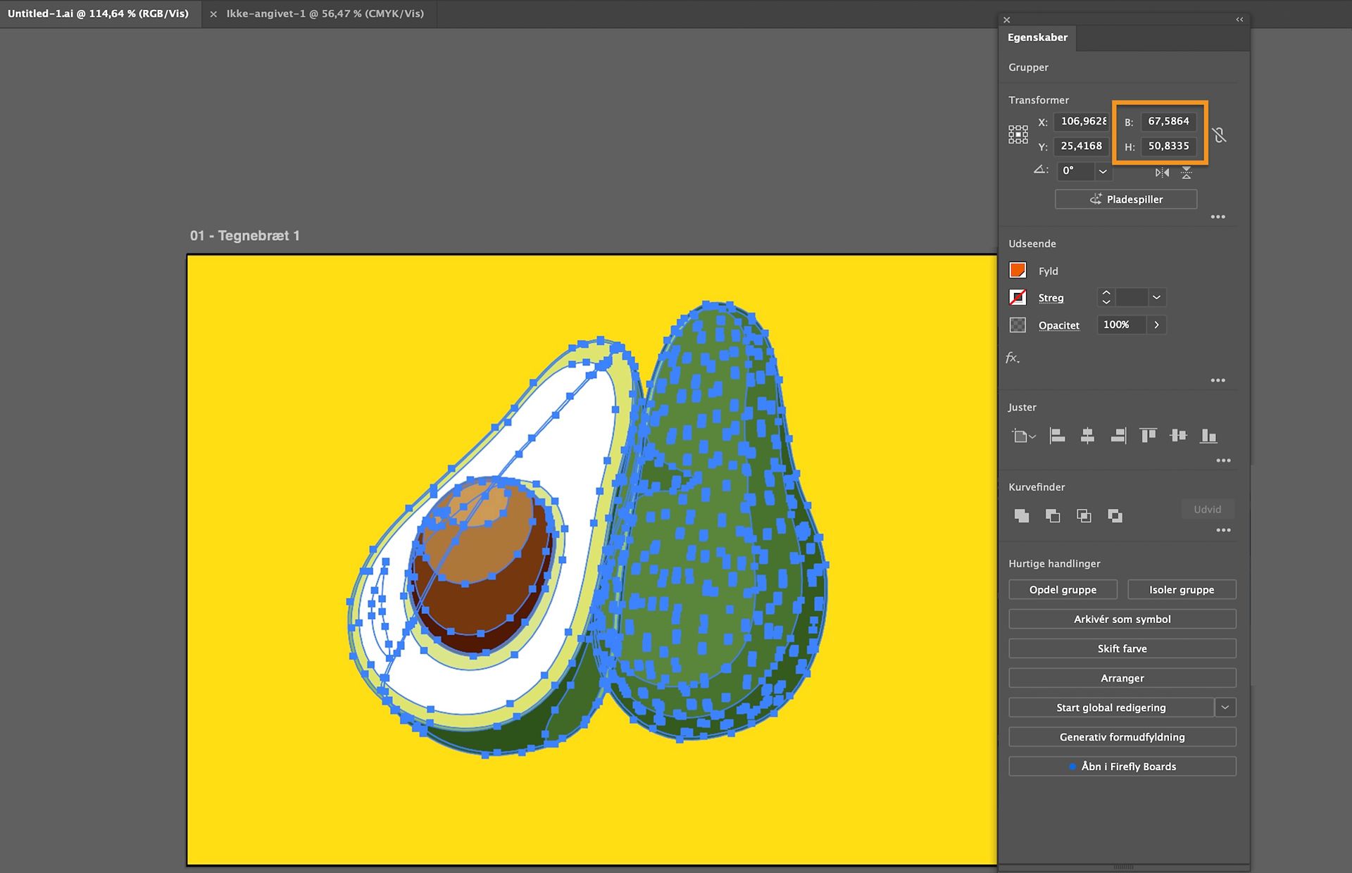 Arbejdsrum i Adobe Illustrator, der viser en markeret avocado