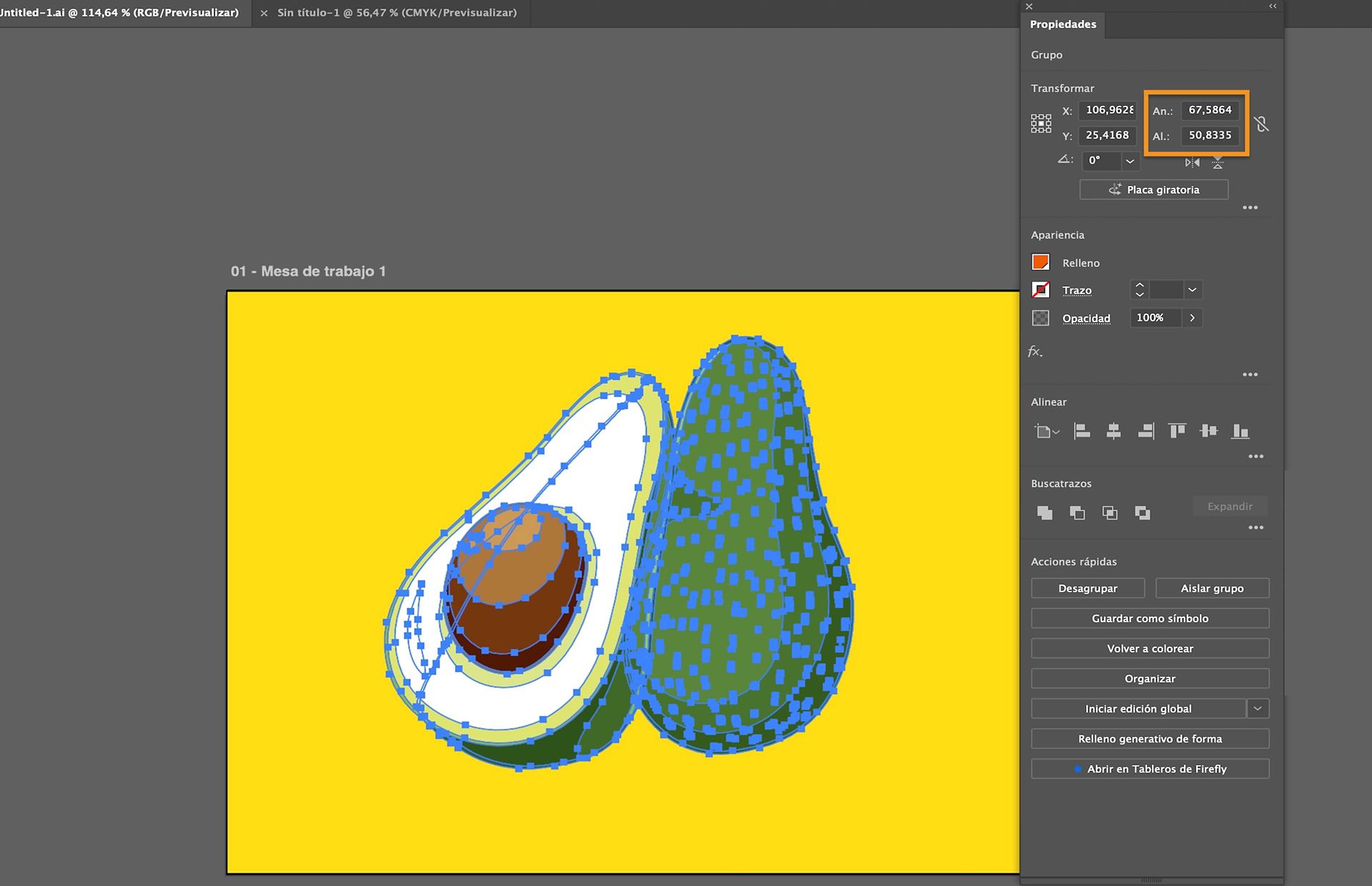 Espacio de trabajo de Adobe Illustrator que muestra una ilustración de aguacate