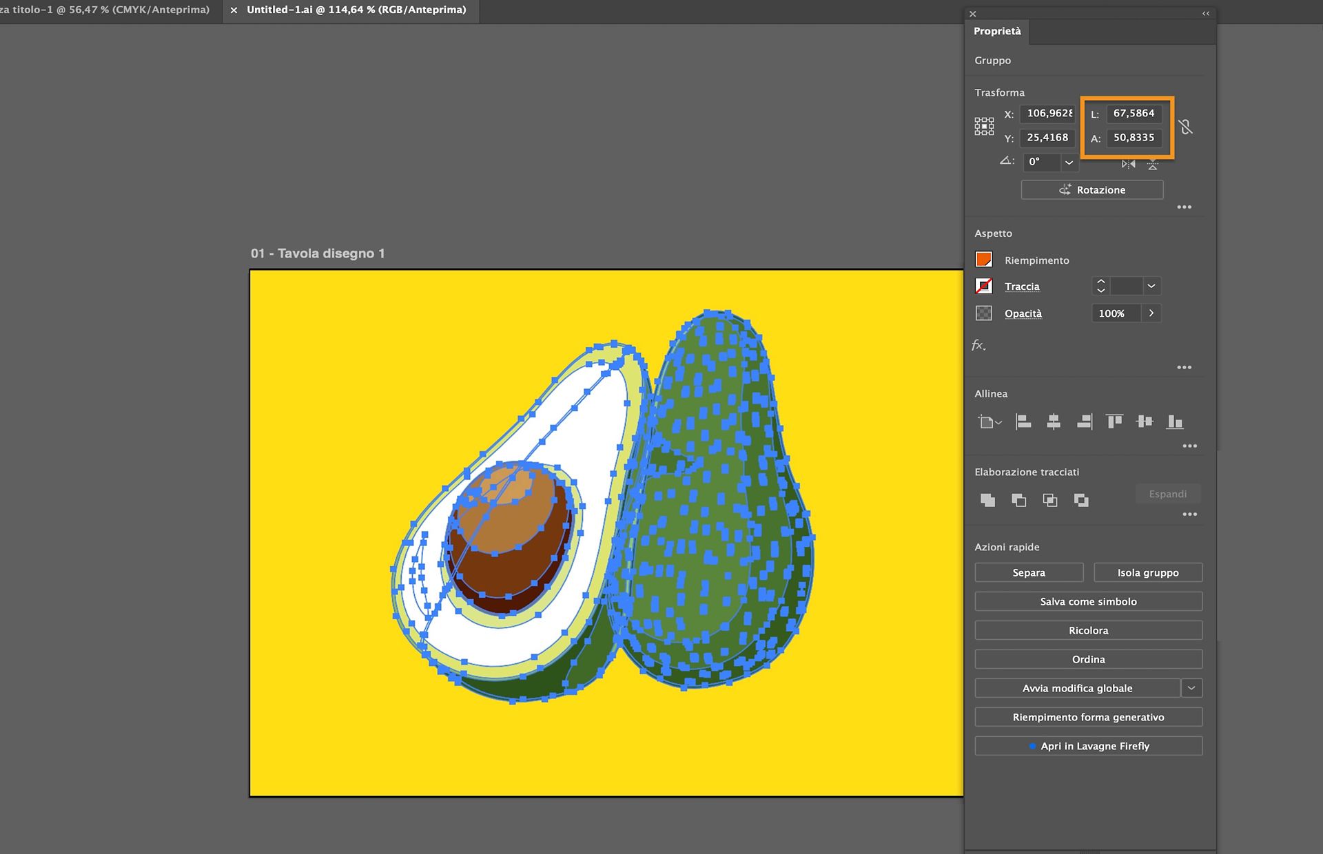 Area di lavoro di Adobe Illustrator che mostra un'illustrazione di avocado 