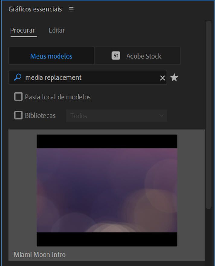 Pesquisa de um MOGRT de substituição de mídia