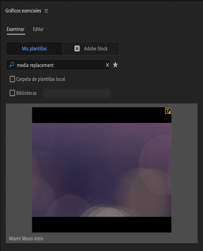 Búsqueda de una MOGRT de reemplazo de medios