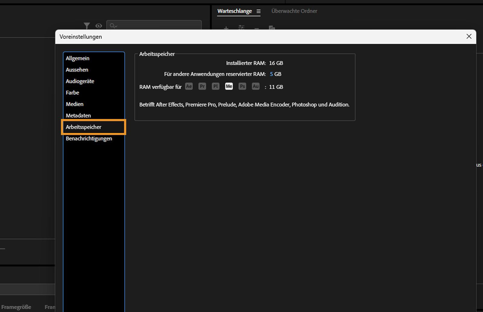 Das Dialogfeld „Voreinstellungen“ wird angezeigt, das Bedienfeld „Speicher“ ist geöffnet und zeigt, wie Adobe-Anwendungen wie After Effects, Premiere Pro und Photoshop den verfügbaren Arbeitsspeicher gemeinsam nutzen, wobei der für andere Systemprozesse reservierte Speicher angepasst werden kann.