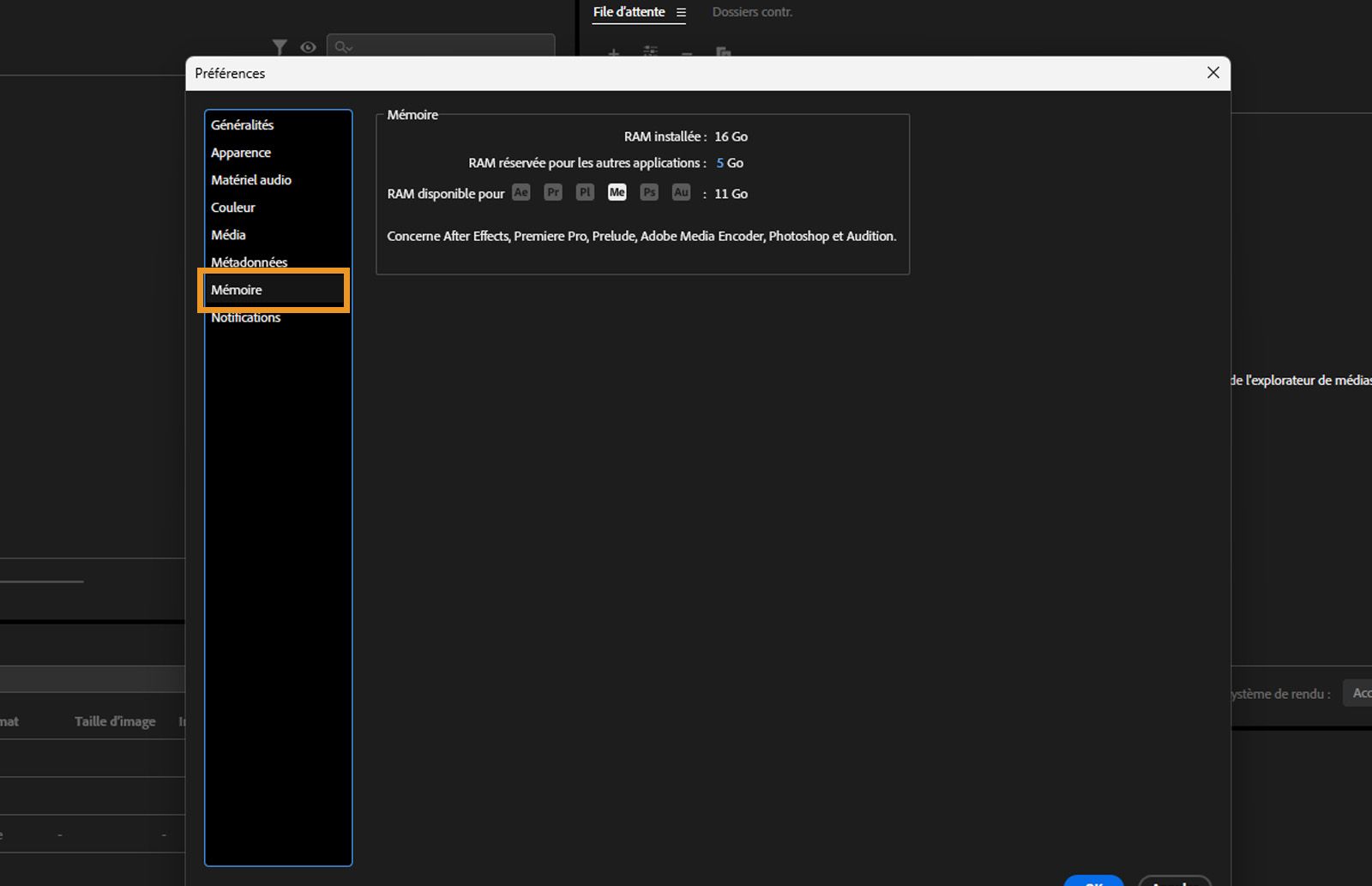 La boîte de dialogue Préférences s’affiche, le panneau Mémoire s’ouvre et montre comment les applications Adobe telles qu’After Effects, Premiere Pro et Photoshop partagent la RAM disponible, avec une mémoire réservée ajustable pour les autres processus système.