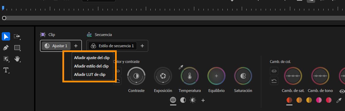 Menú que muestra opciones para agregar operaciones Adjust o Style en el panel Herramientas de color.