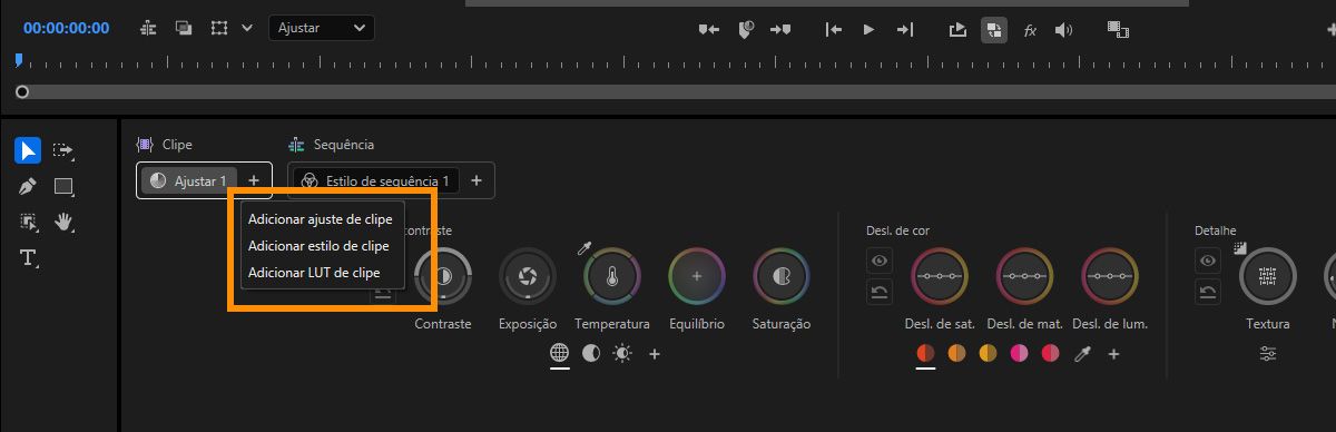 Menu mostrando opções para adicionar operações Ajustar ou Estilo no painel Ferramentas de cor.