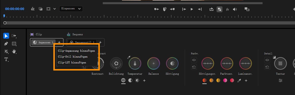Menü mit Optionen zum Hinzufügen von Korrektur- oder Stil-Vorgängen im Farbwerkzeuge-Bedienfeld.