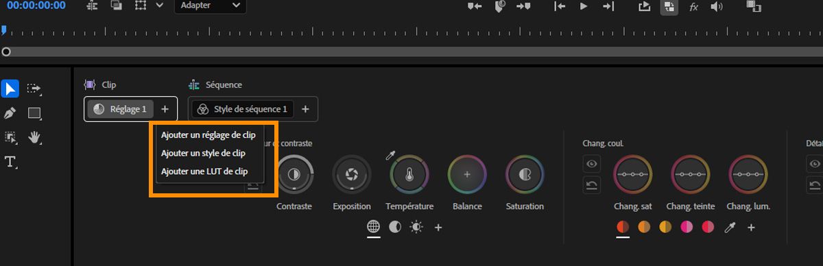 Menu affichant les options pour ajouter des opérations Réglages ou Style dans le panneau Outils couleur.