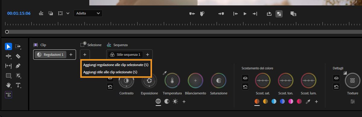 Menu che mostra le opzioni per aggiungere regolazioni o stili alle clip selezionate nel pannello Strumenti colore.