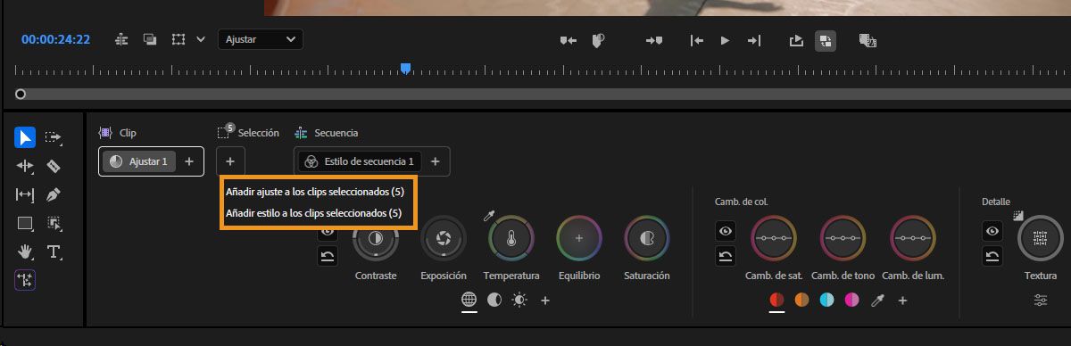 Menú que muestra opciones para agregar un ajuste o un estilo a los clips seleccionados en el panel Herramientas de color.