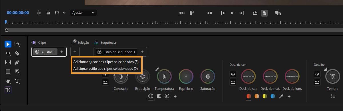 Menu que exibe opções para adicionar ajuste ou estilo aos clipes selecionados no painel Ferramentas de Cor.